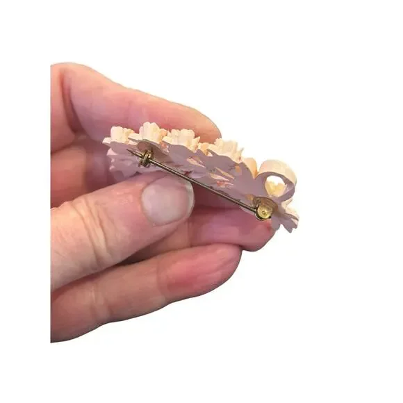 Vintage Carved Celluloid Floral Brooch Peach Rose Spray 1930s 1940s Pin - Picture 5 of 10